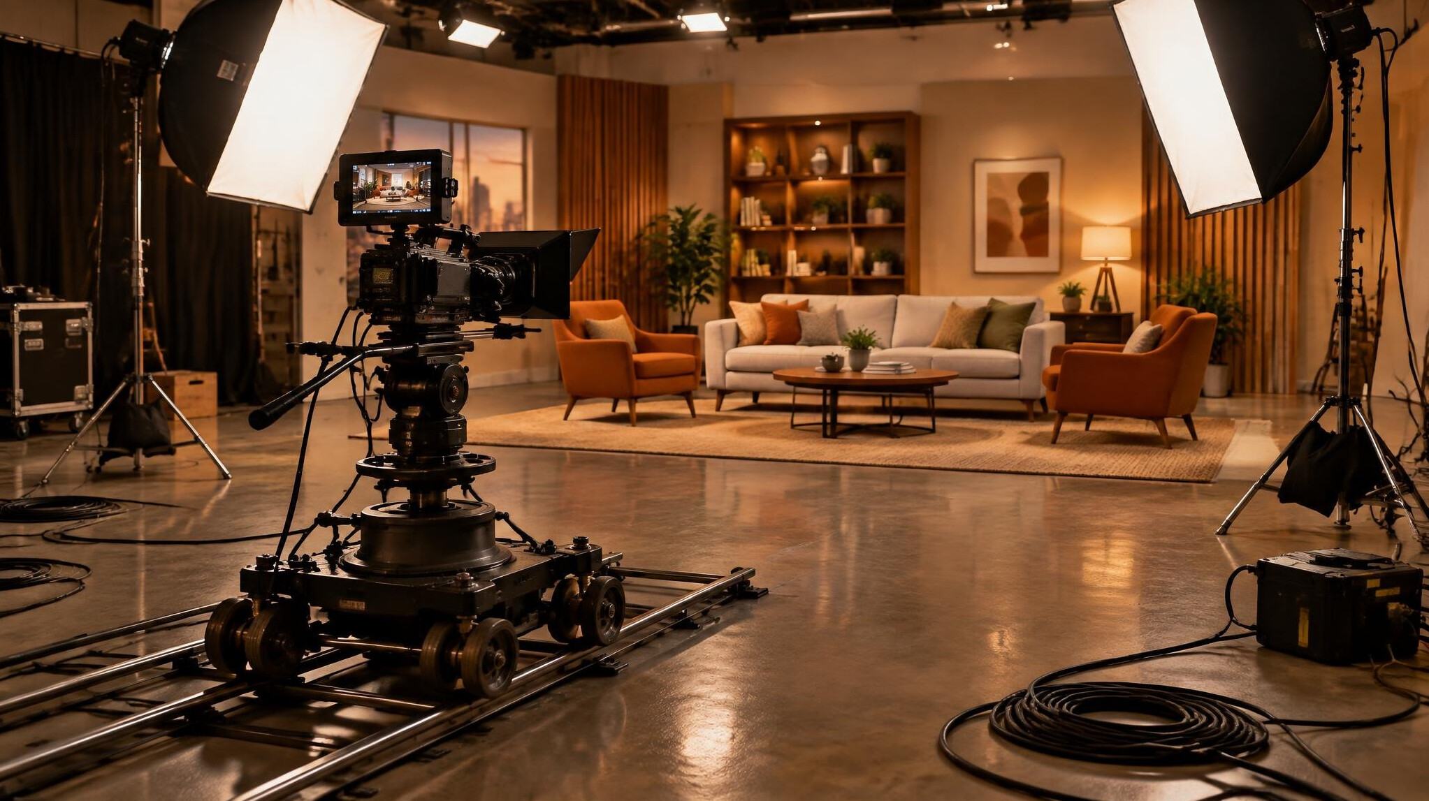 Film set with camera and lighting equipment
