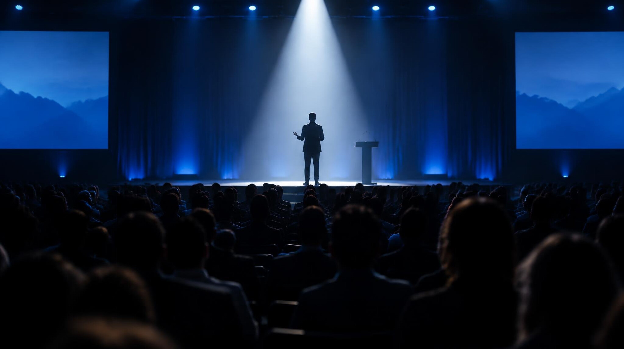 Speaker on a lit stage facing an audience