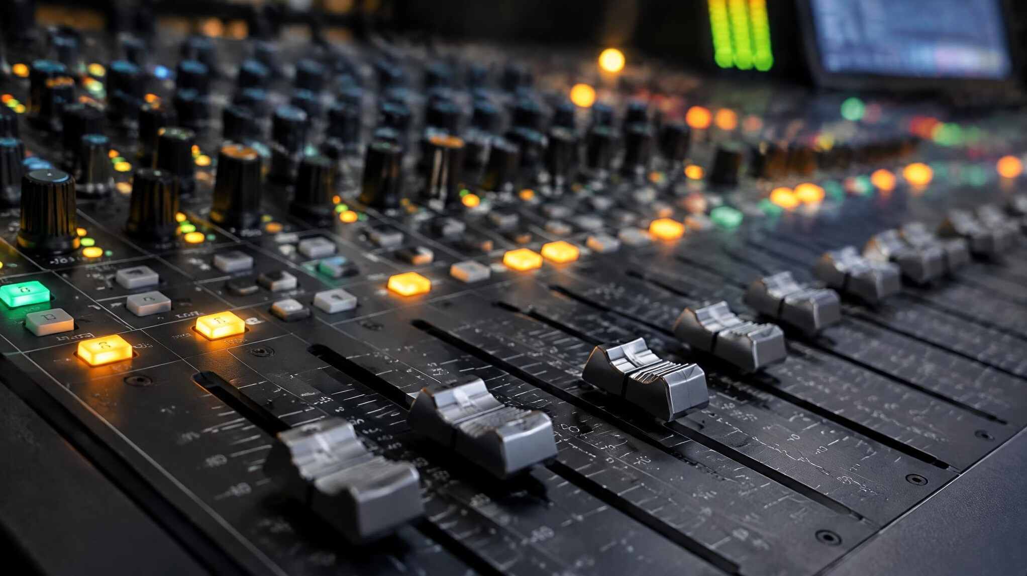 Audio mixing console with faders