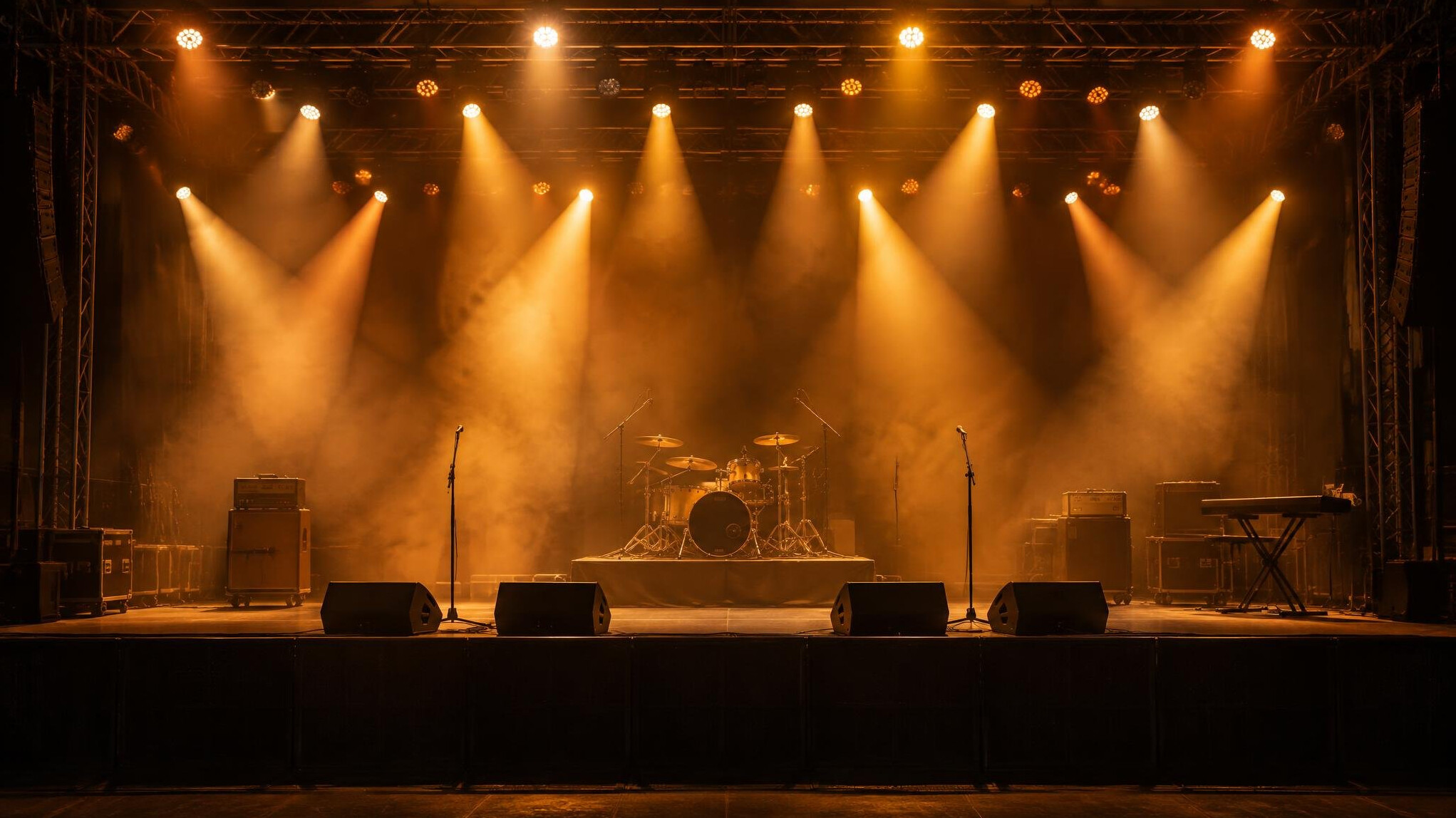 Live stage with warm spotlights and rigging